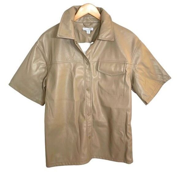 Topshop Womens Short Sleeve Faux Leather Oversized Button-up Shirt Tan Beige 4 N - Picture 3 of 7
